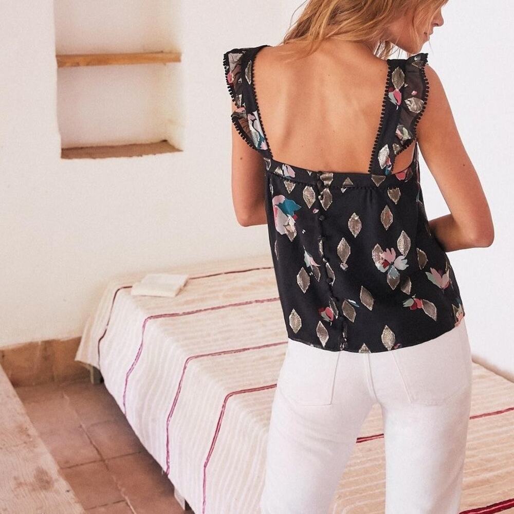 Sezane Abby Blouse Black Metallic Floral Diamond Silk Tank Top Button Down - Picture 4 of 10